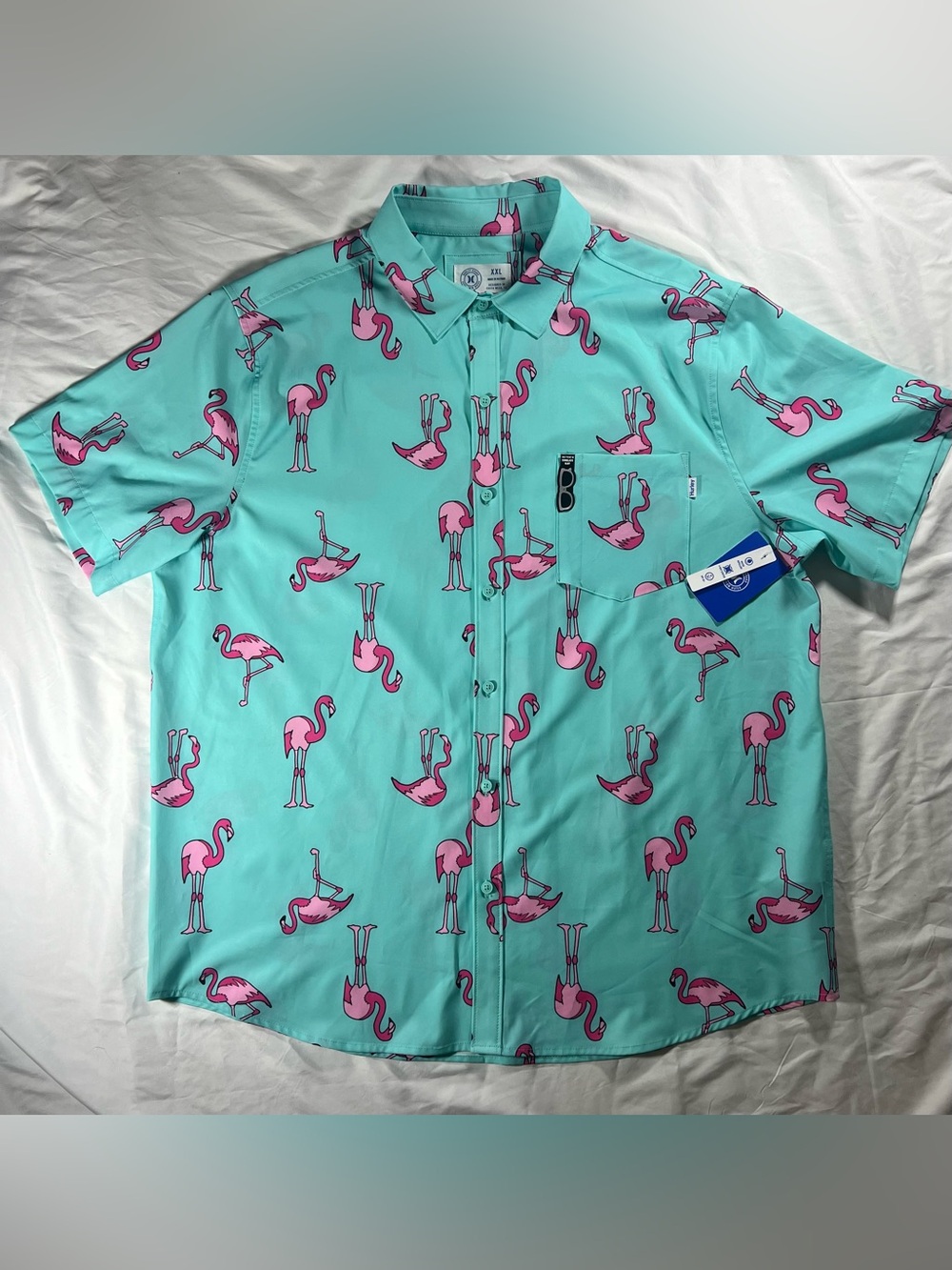 Hurley Aqua Button-Up Shirt with Pink Flamingo Print